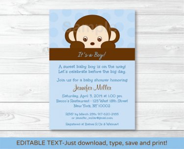 Mod Pop Monkey Blue Printable Baby Shower Invitation Editable PDF #A175