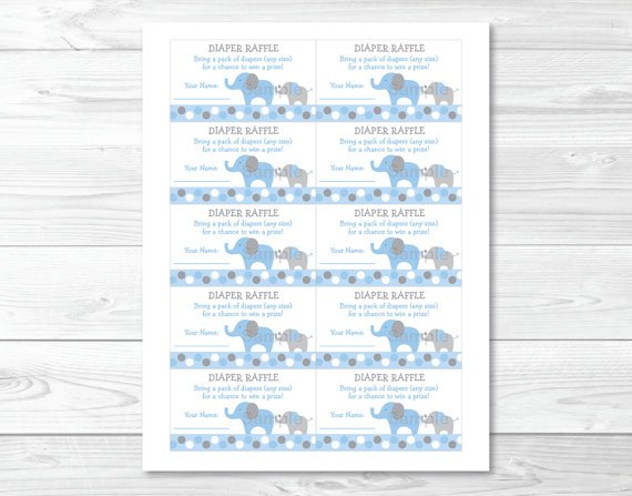 Blue And Grey Polka Dot Elephant Printable Baby Shower Diaper Raffle Tickets #A135