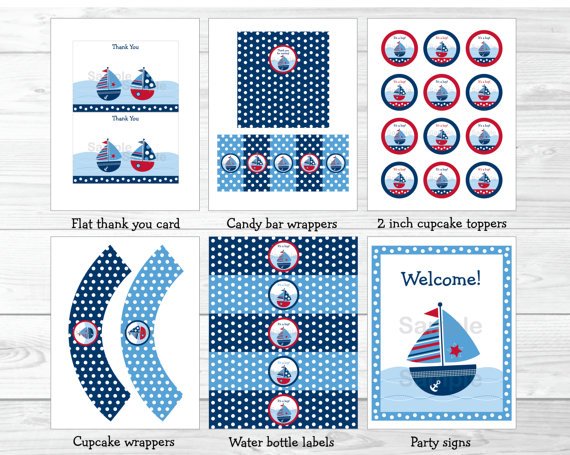 Sail Away Sailboat Nautical Blue Printable Baby Shower Party Package #A123