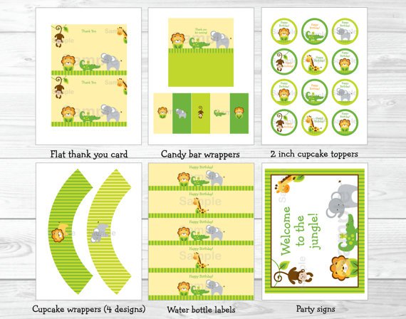 Bright Safari Jungle Animals Printable Birthday Party Package #A179
