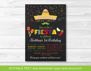 Fiesta Birthday Invitation Chalkboard Fiesta Any Age Printable Editable PDF #A180