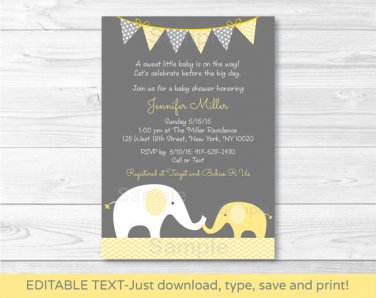Yellow Chevron Elephant Mom & Baby Printable Baby Shower Invitation Editable PDF #A181