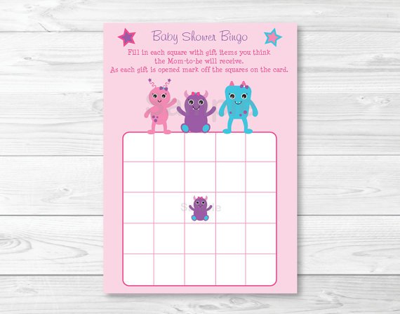 Girl Monsters Printable Baby Shower Bingo Cards A