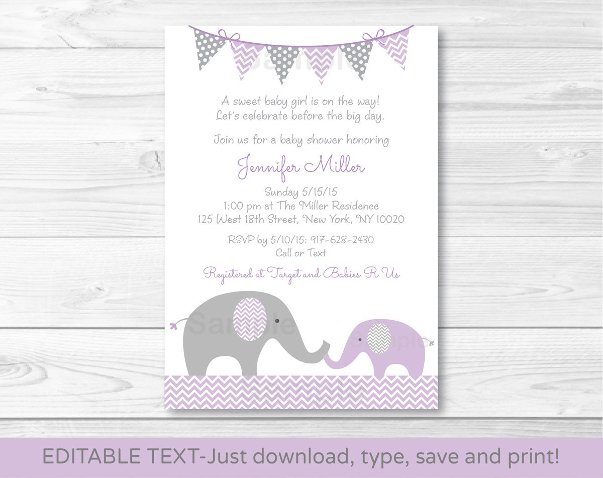 Purple Elephant Chevron Mom & Baby Printable Baby Shower Invitation Editable PDF #A184