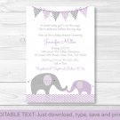Purple Elephant Chevron Mom & Baby Printable Baby Shower Invitation Editable PDF #A184