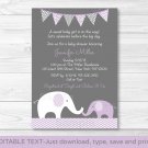 Purple Chevron Elephant Mom & Baby Printable Baby Shower Invitation Editable PDF #A184