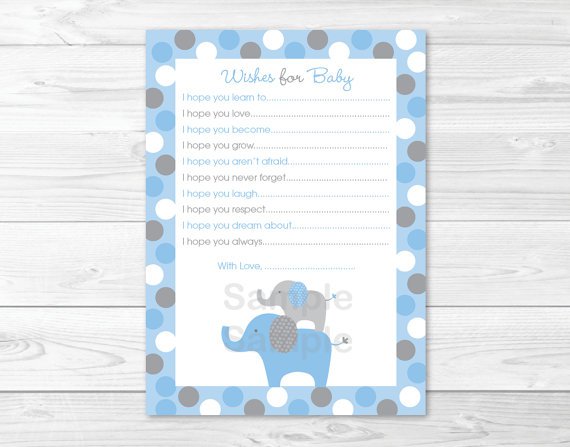 Blue Grey Polka Dot Elephants Printable Baby Shower Wishes For Baby Advice Cards #A135