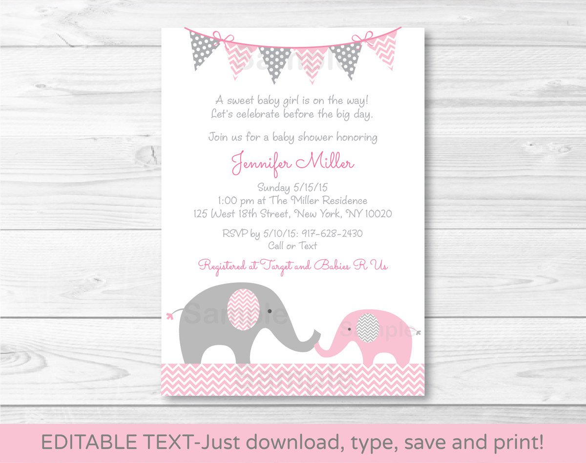 Pink Elephant Chevron Momma & Baby Printable Baby Shower Invitation Editable PDF #A185