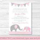 Pink Elephant Chevron Momma & Baby Printable Baby Shower Invitation Editable PDF #A185