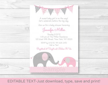 Pink Elephant Chevron Momma & Baby Printable Baby Shower Invitation Editable PDF #A185