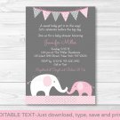 Pink Chevron Elephant Mom & Baby Printable Baby Shower Invitation Editable PDF #A186