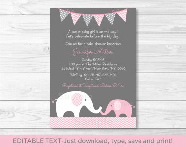 Pink Chevron Elephant Mom & Baby Printable Baby Shower Invitation Editable PDF #A186