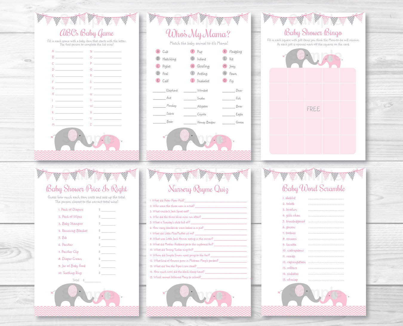Pink Chevron Elephant Baby Shower Games Pack - 6 Printable Games #A186