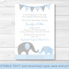 Blue Elephant Chevron Momma & Baby Printable Baby Shower Invitation Editable PDF #A187