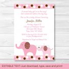 Pink Polka Dot Elephants Printable Baby Shower Invitation Editable PDF #A188