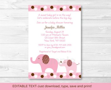 Pink Polka Dot Elephants Printable Baby Shower Invitation Editable PDF #A188