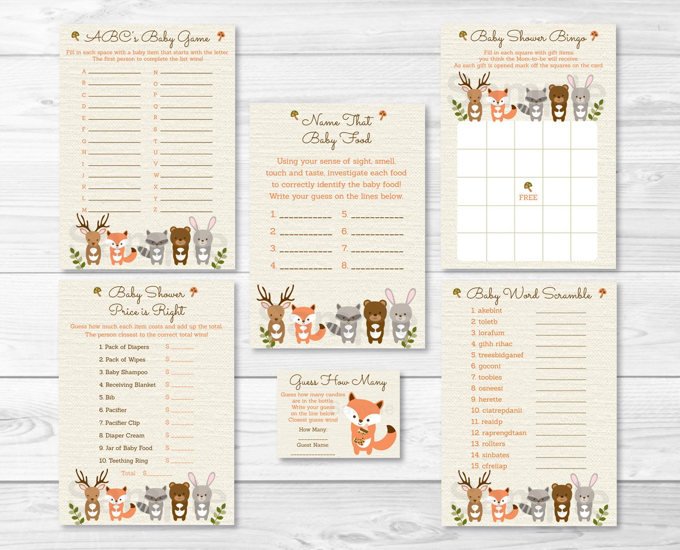 Woodland Forest Animals Neutral Baby Shower Games Pack - 6 Printable Games #A191