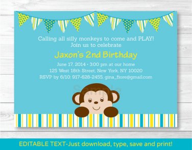Lil Mod Monkey Printable Birthday Invitation Editable PDF #A192