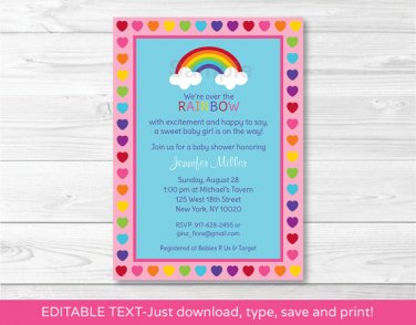 Rainbow Hearts Printable Baby Shower Invitation Editable PDF #A194