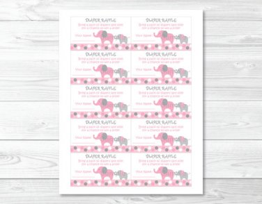 Pink And Gray Polka Dot Elephant Printable Baby Shower Diaper Raffle Tickets #A160