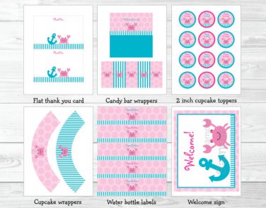 Pink Crab Under The Sea Nautical Printable Birthday Party Package #A206