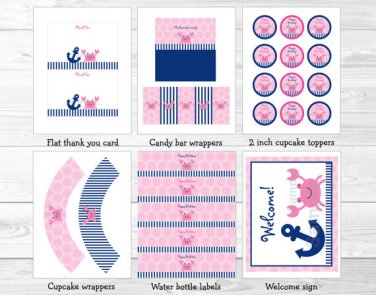 Pink Crab Under The Sea Nautical Anchor Printable Birthday Party Package #A207