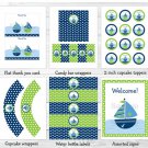 Sail Away Sailboat Nautical Blue Green Printable Baby Shower Party Package #A210
