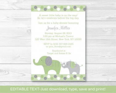 Green Polka Dot Elephant Jungle Printable Baby Shower Invitation Editable PDF #A212