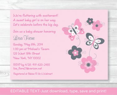 Pink Gray Butterfly Flowers Printable Baby Shower Invitation Editable PDF #A216