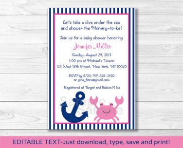 Pink Crab Nautical Under The Sea Printable Baby Shower Invitation Editable PDF #A121