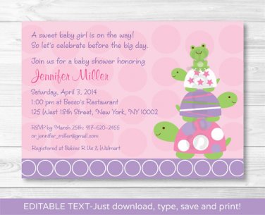 Pink Turtle Stacked Frog Printable Baby Shower Invitation Editable PDF #A217