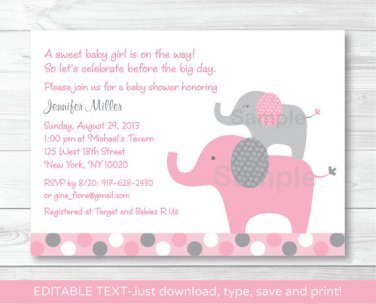 Pink Polka Dot Elephant Jungle Printable Baby Shower Invitation Editable PDF #A160