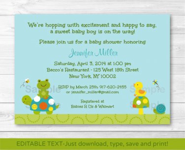 Pond Pals Turtle Frog Printable Baby Shower Invitation Editable PDF #A219
