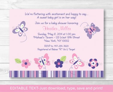 Pink Purple Butterfly Garden Printable Baby Shower Invitation Editable PDF #A220