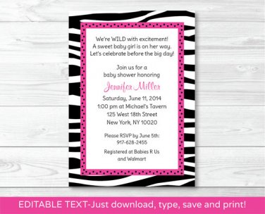 Pink Sassy Zebra Print Printable Baby Shower Invitation Editable PDF #A223