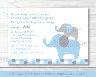 Blue Gray Polka Dot Elephant Printable Baby Shower Invitation Editable PDF #A135