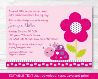 Ladybug Pink Purple Flower Garden Printable Baby Shower Invitation Editable PDF #A227