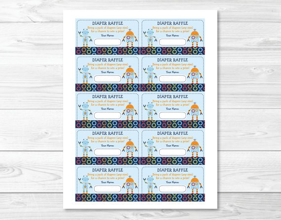 Baby Bots Robot Printable Baby Shower Diaper Raffle Tickets #A228