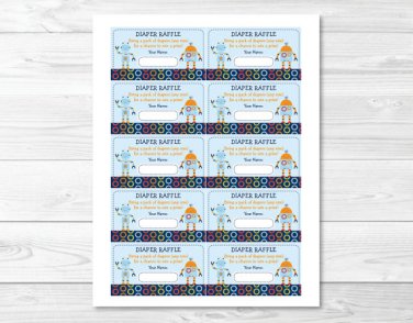 Baby Bots Robot Printable Baby Shower Diaper Raffle Tickets #A228