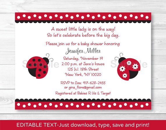 Red Lil Ladybug Printable Baby Shower Invitation Editable PDF #A177