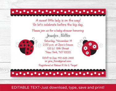 Red Lil Ladybug Printable Baby Shower Invitation Editable PDF #A177