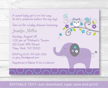 Mod Elephant Owl Forest Friends Printable Baby Shower Invitation Editable PDF #A100