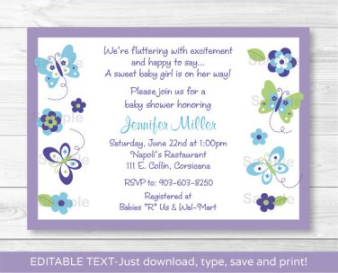 Butterfly Paradise Lavender Printable Baby Shower Invitation Editable PDF #A231