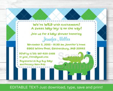 Preppy Alligator Argyle Printable Baby Shower Invitation Editable PDF #A232