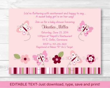 Taffy Pink Butterfly Paradise Printable Baby Shower Invitation Editable PDF #A233