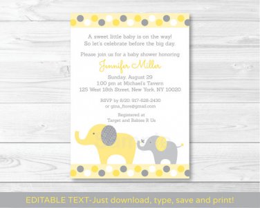 Yellow & Grey Elephant Gender Neutral Baby Shower Invitation Editable PDF #A234