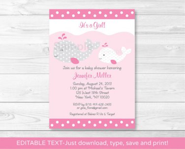 Mod Pink & Grey Mamma & Baby Whale Printable Baby Shower Invitation Editable PDF #A235