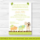 Wildlife Jungle Animals Baby Girl Printable Baby Shower Invitation Editable PDF #A236