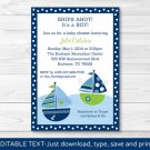 Sail Away Sailboat Nautical Green Printable Baby Shower Invitation Editable PDF #A210