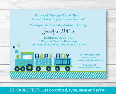 Green Choo Choo Train Baby Boy Printable Baby Shower Invitation Editable PDF #A238